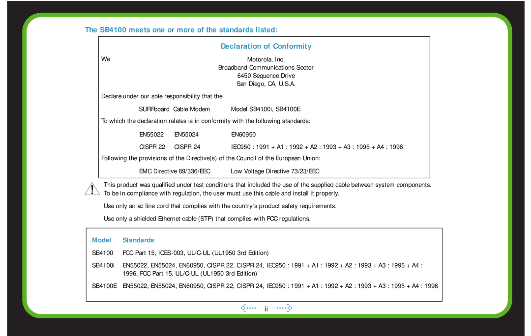 Motorola manual SB4100 meets one or more of the standards listed, Declaration of Conformity 