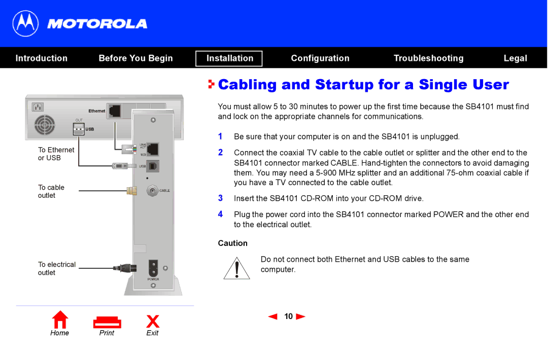 Motorola SB4101 manual Cabling and Startup for a Single User 