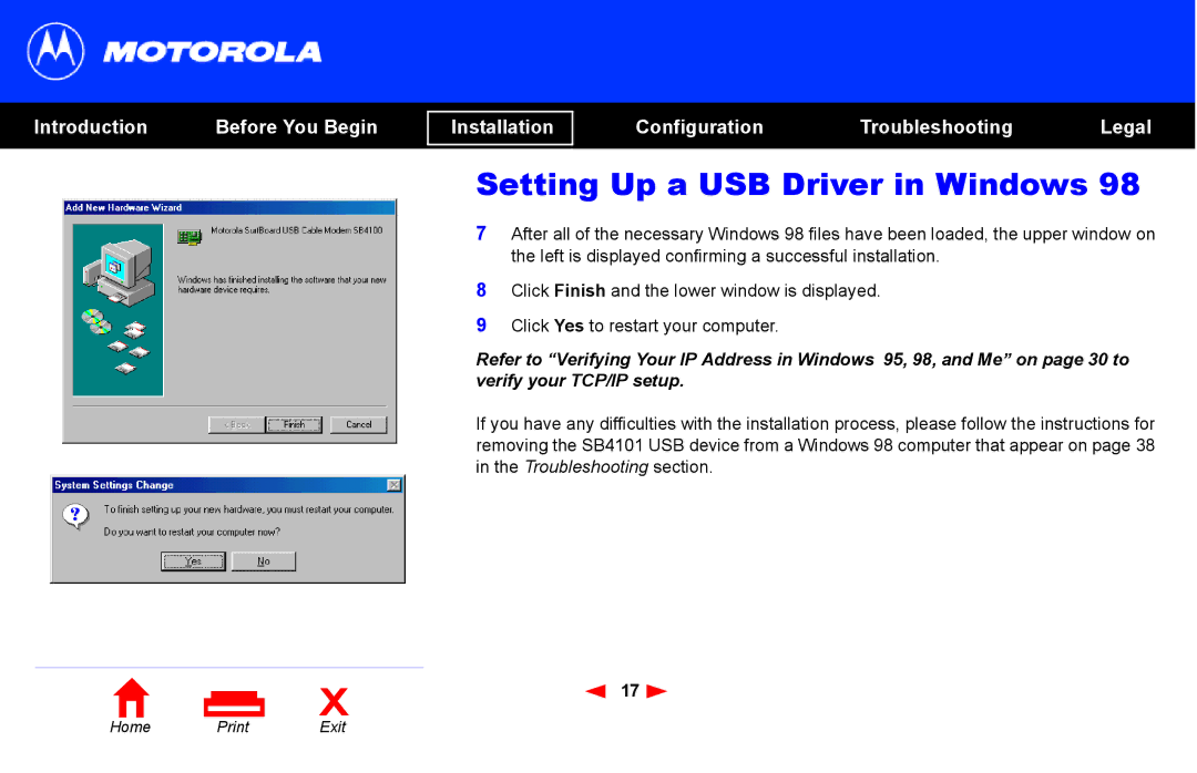 Motorola SB4101 manual Setting Up a USB Driver in Windows 