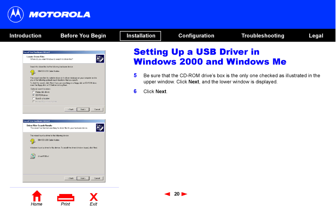 Motorola SB4101 manual Setting Up a USB Driver in Windows 2000 and Windows Me 