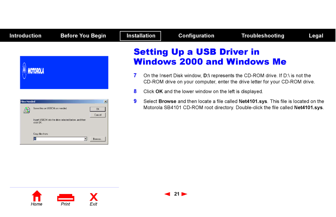 Motorola SB4101 manual Setting Up a USB Driver in Windows 2000 and Windows Me 