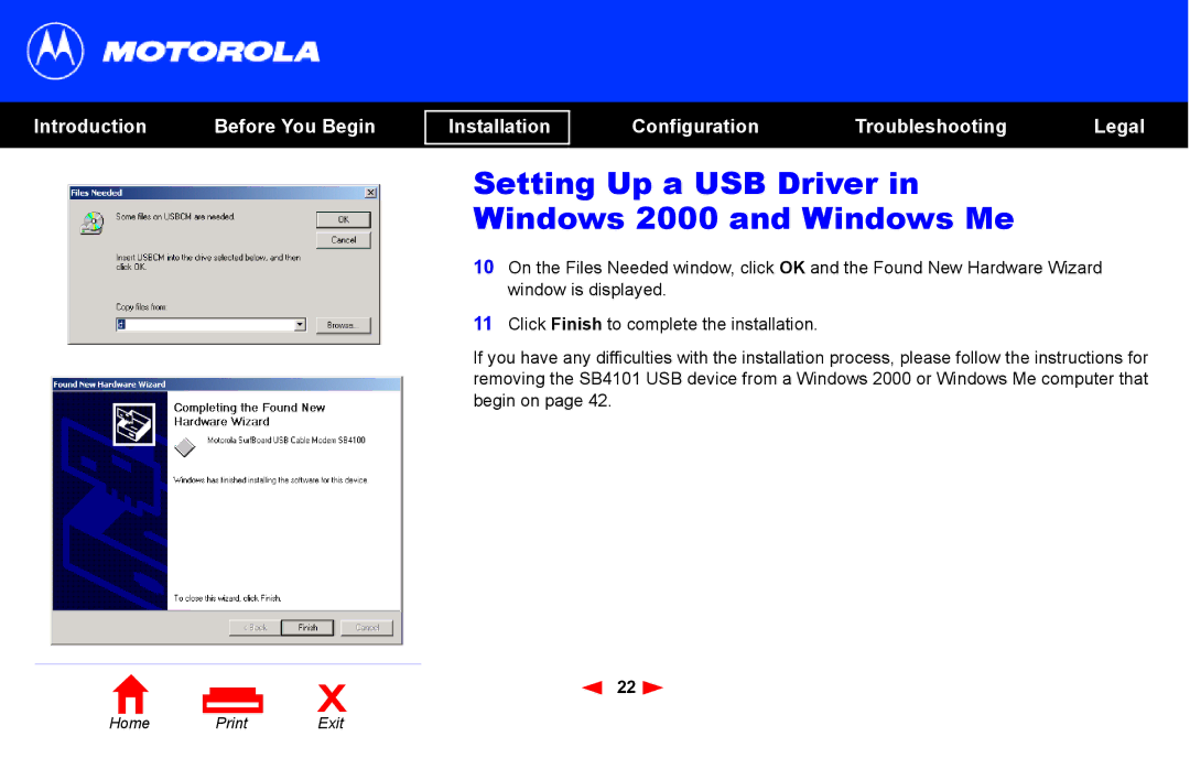 Motorola SB4101 manual Setting Up a USB Driver in Windows 2000 and Windows Me 