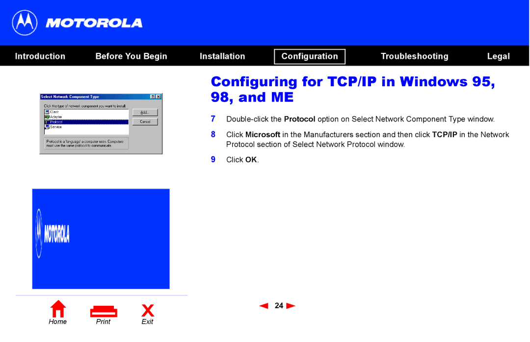 Motorola SB4101 manual Configuring for TCP/IP in Windows 95, 98, and ME 