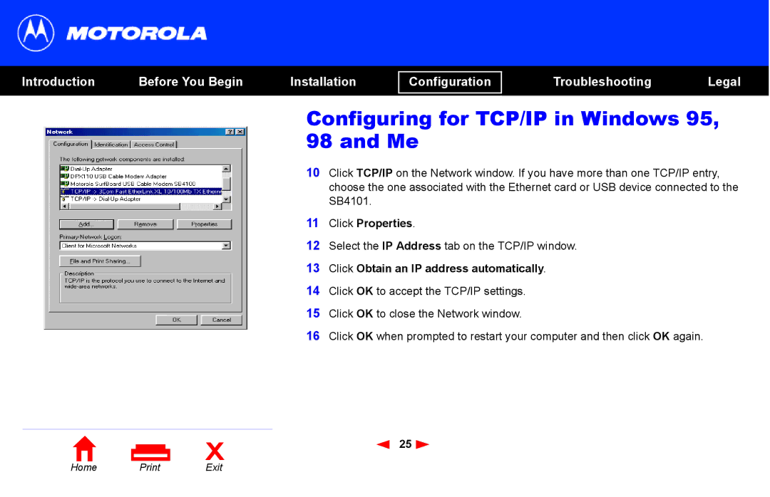 Motorola SB4101 manual Configuring for TCP/IP in Windows 95, 98 and Me, Click Properties 