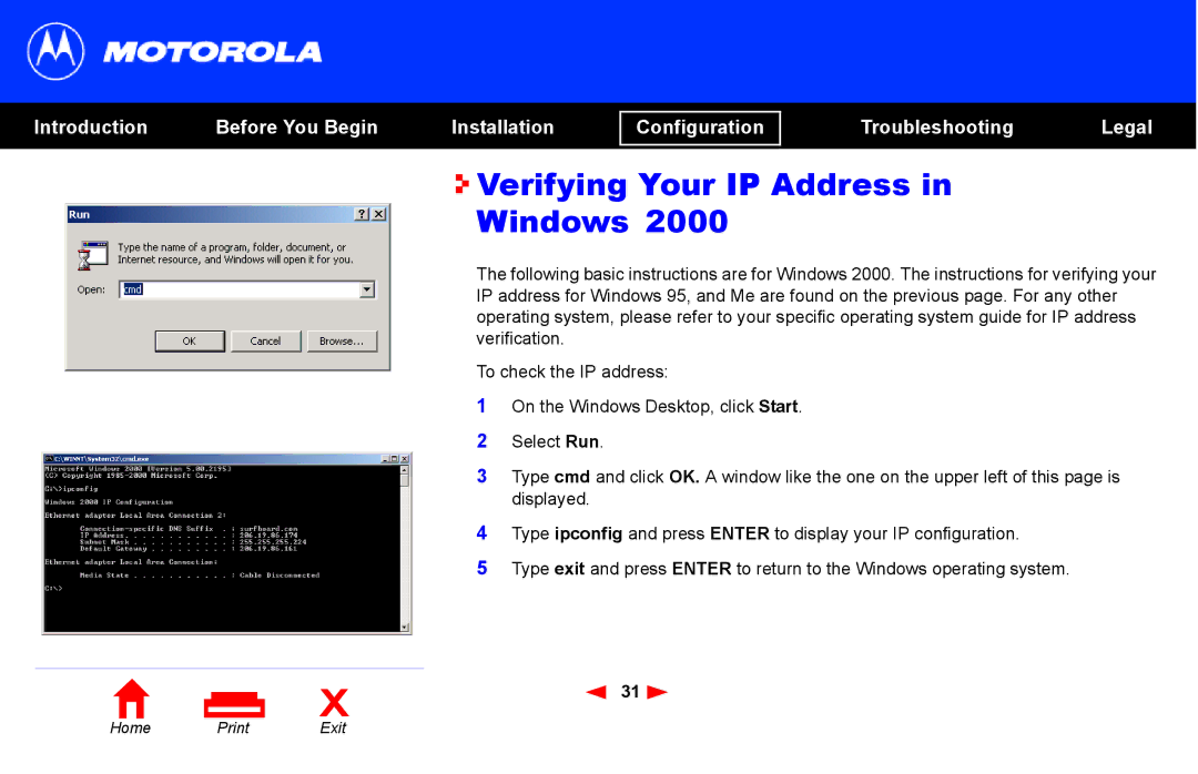 Motorola SB4101 manual Verifying Your IP Address Windows 