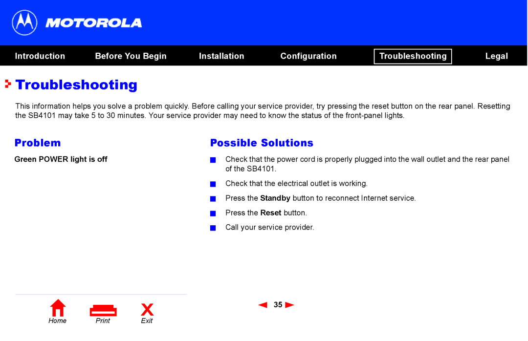 Motorola SB4101 manual Troubleshooting, Problem Possible Solutions, Green Power light is off 