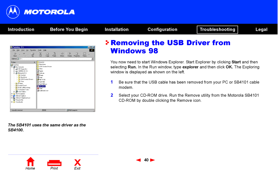 Motorola SB4101 manual Removing the USB Driver from Windows 