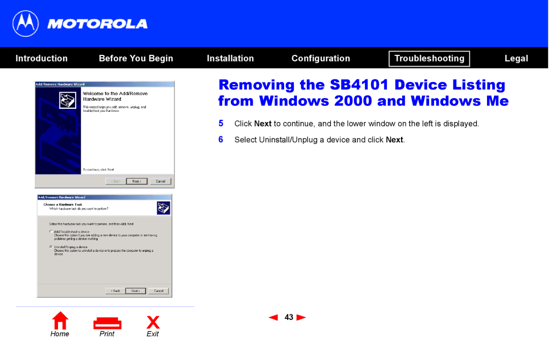 Motorola SB4101 manual Home Print Exit 