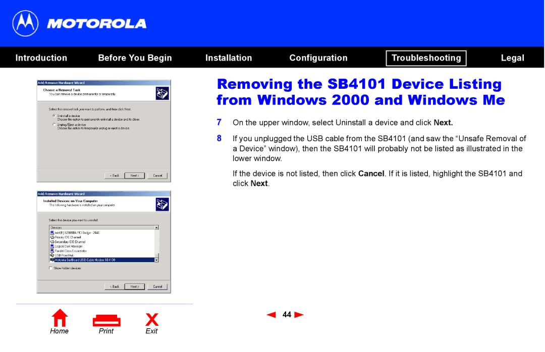 Motorola SB4101 manual Home Print Exit 