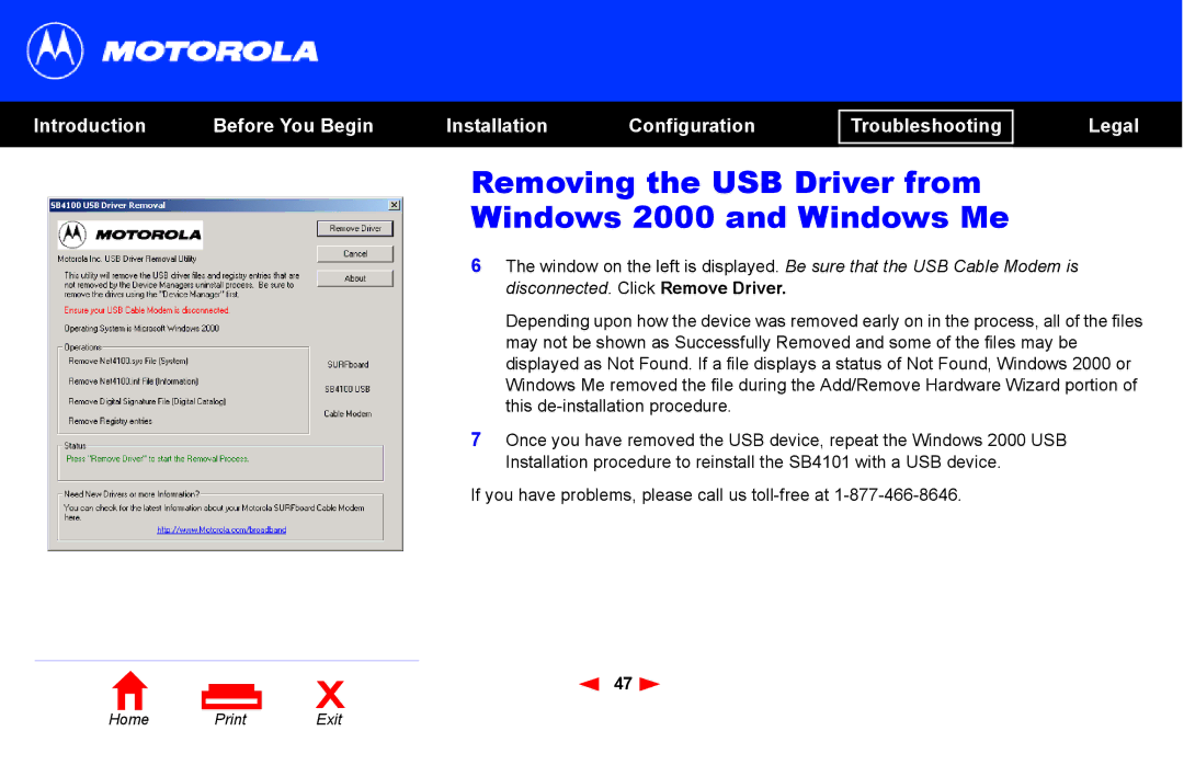 Motorola SB4101 manual Removing the USB Driver from Windows 2000 and Windows Me 