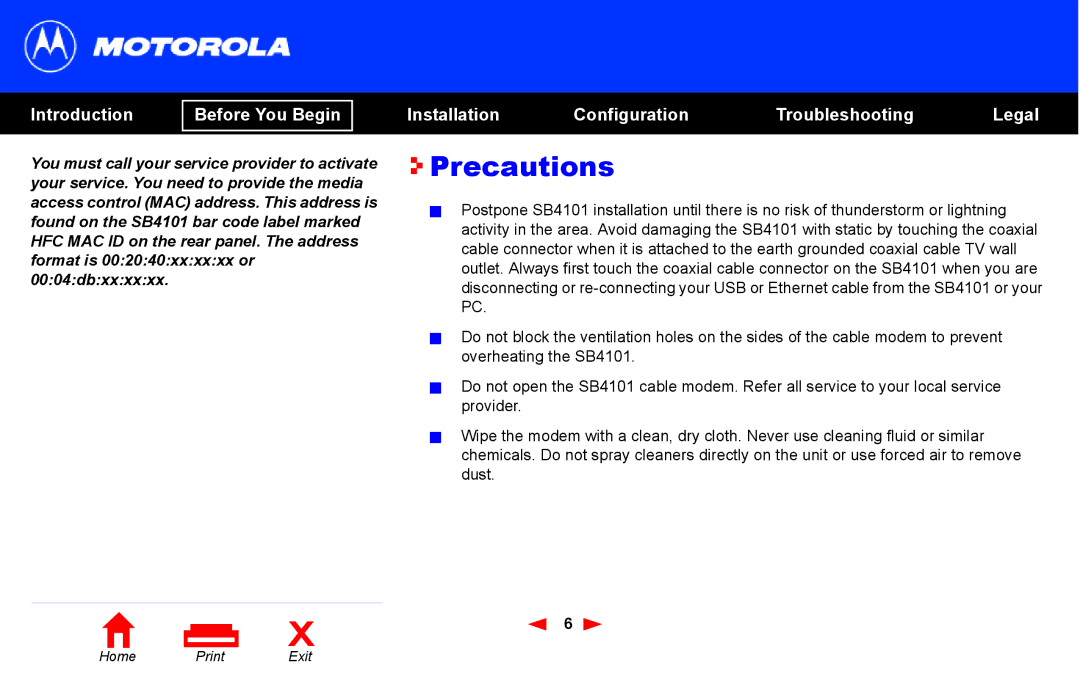 Motorola SB4101 manual Precautions 