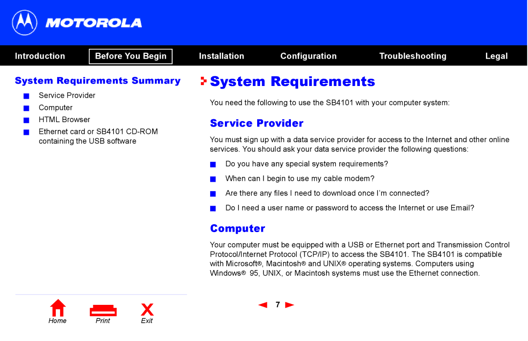 Motorola SB4101 manual System Requirements, Service Provider, Computer 