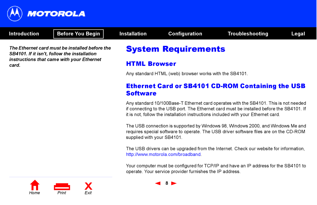 Motorola manual Html Browser, Ethernet Card or SB4101 CD-ROM Containing the USB Software 