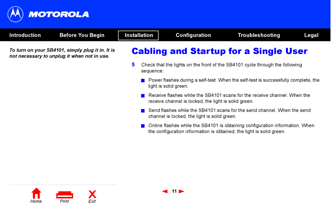 Motorola SB4101 manual Cabling and Startup for a Single User 