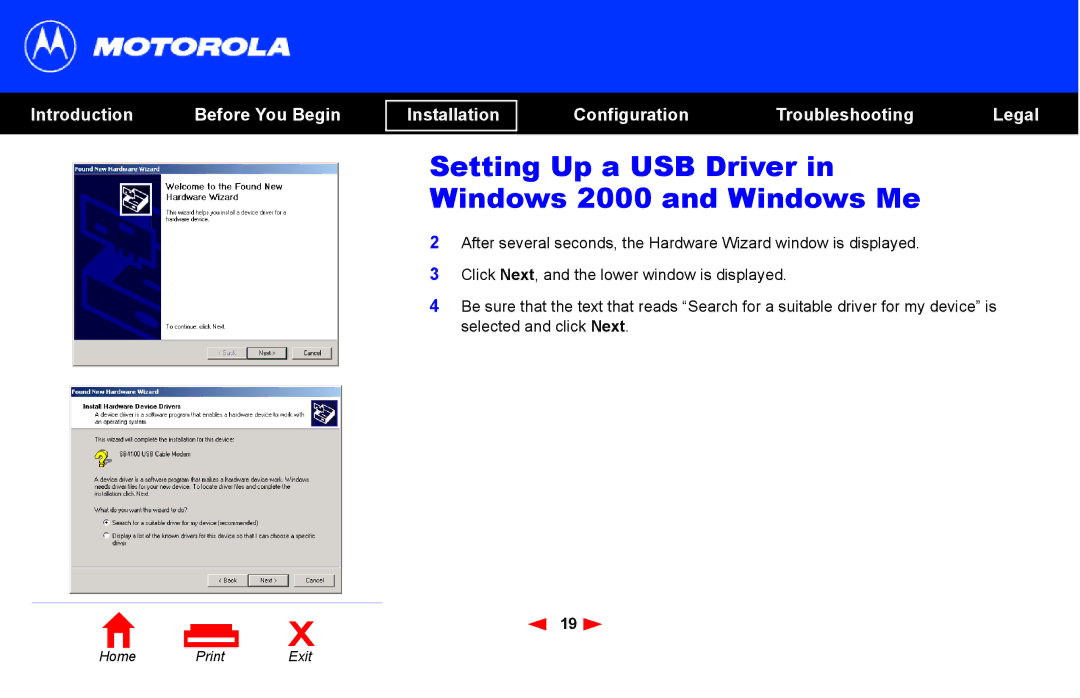 Motorola SB4101 manual Setting Up a USB Driver in Windows 2000 and Windows Me 