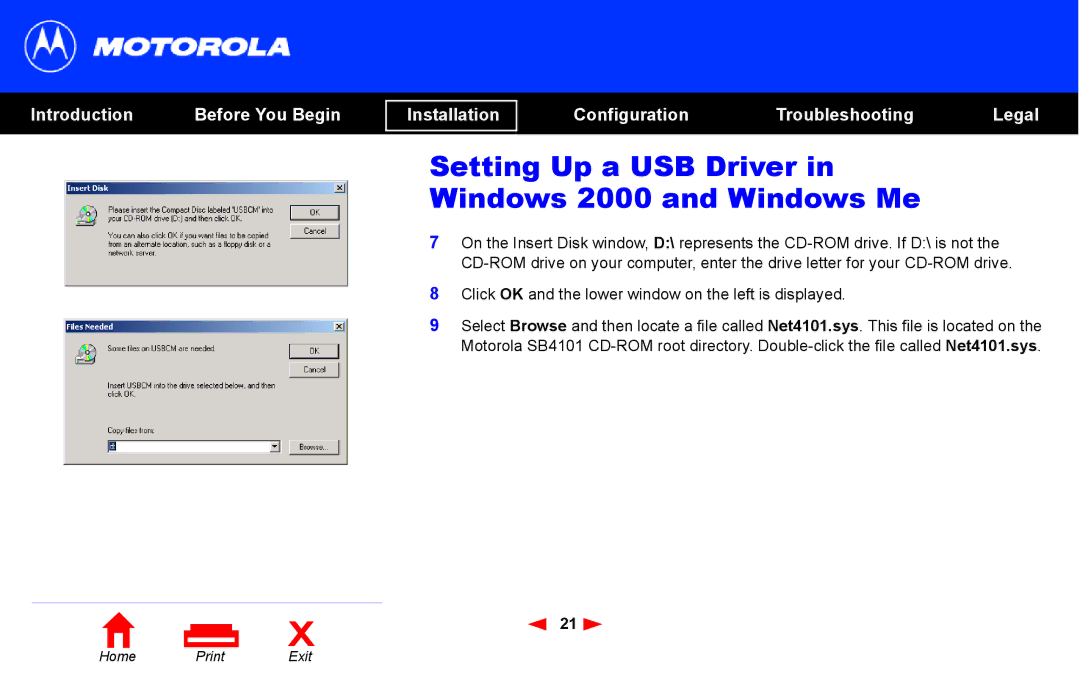 Motorola SB4101 manual Setting Up a USB Driver in Windows 2000 and Windows Me 