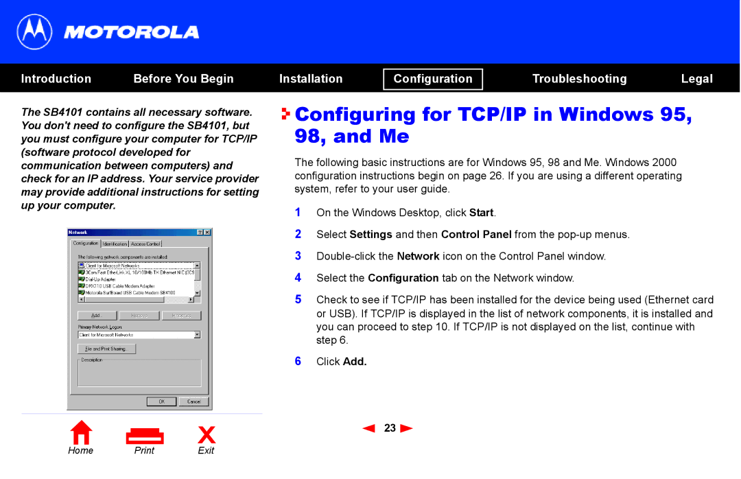 Motorola SB4101 manual Configuring for TCP/IP in Windows 95, 98, and Me 