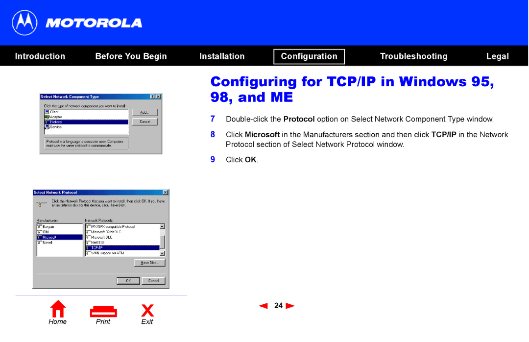 Motorola SB4101 manual Configuring for TCP/IP in Windows 95, 98, and ME 