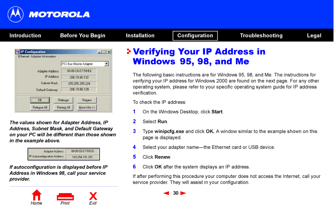 Motorola SB4101 manual Verifying Your IP Address Windows 95, 98, and Me 