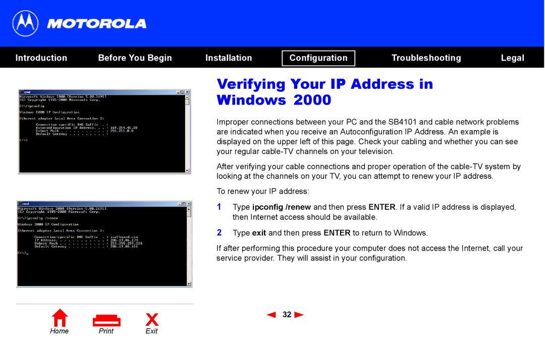 Motorola SB4101 manual Verifying Your IP Address Windows 