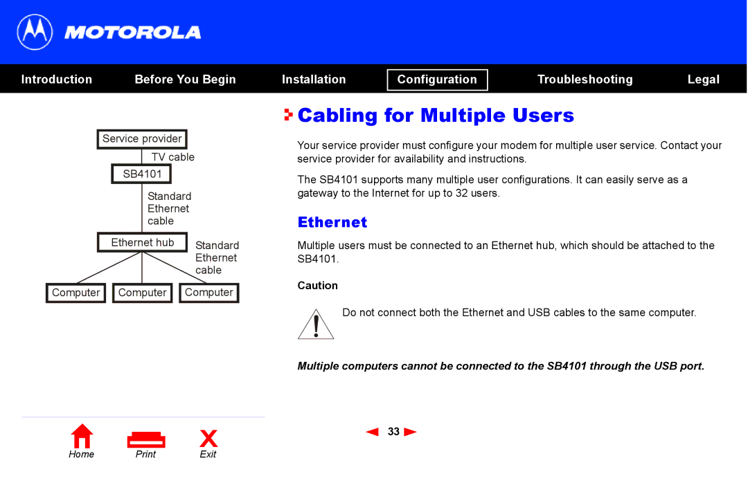 Motorola SB4101 manual Cabling for Multiple Users, Ethernet 