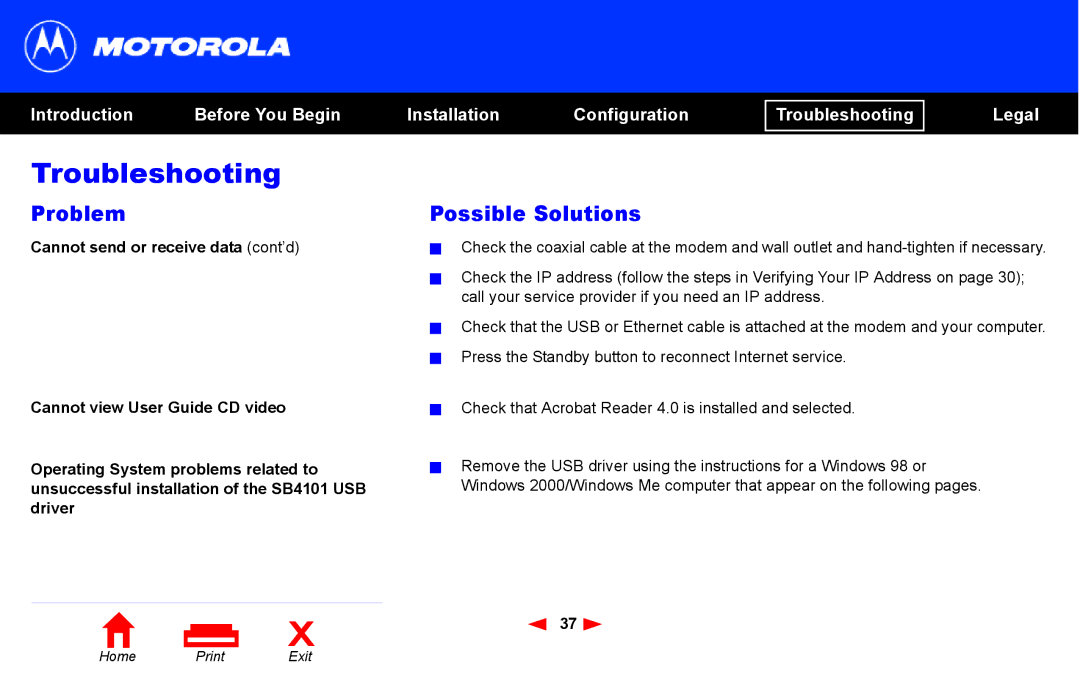 Motorola SB4101 manual Troubleshooting 