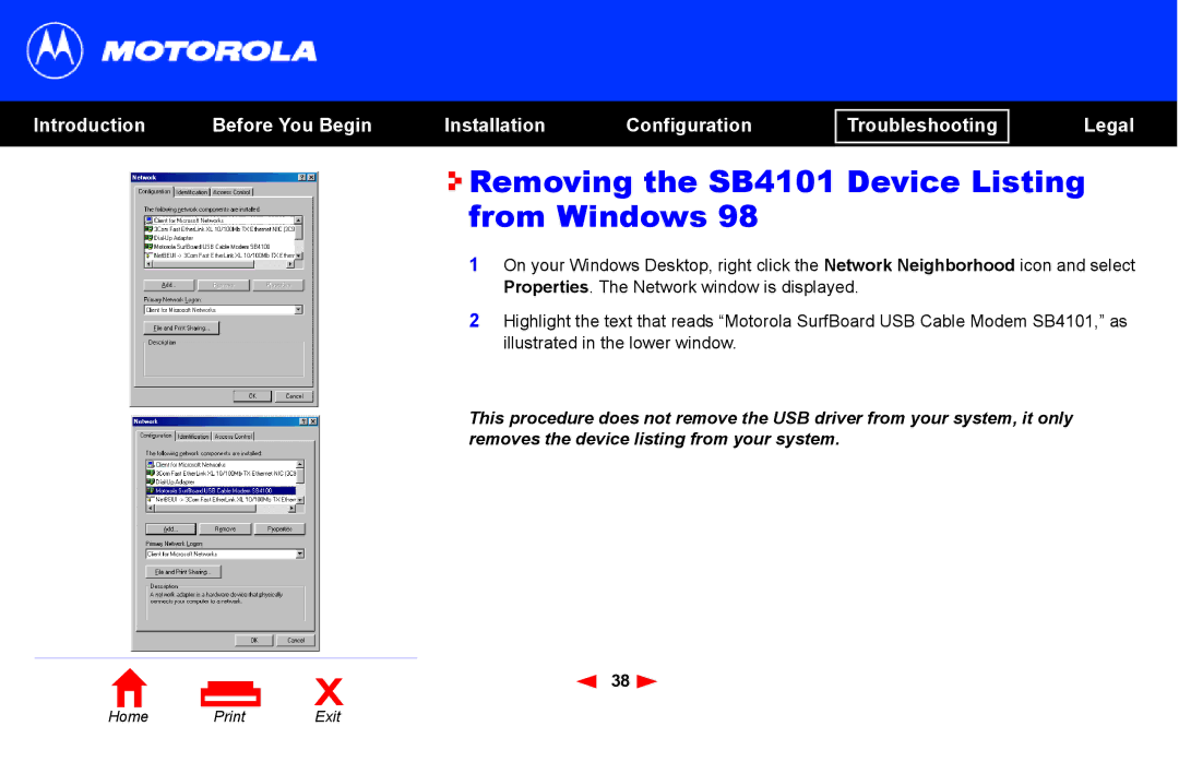 Motorola manual Removing the SB4101 Device Listing from Windows 