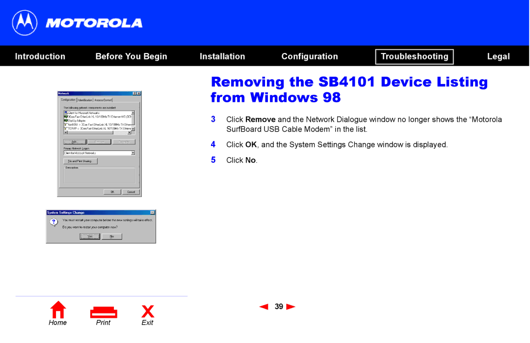 Motorola manual Removing the SB4101 Device Listing from Windows 