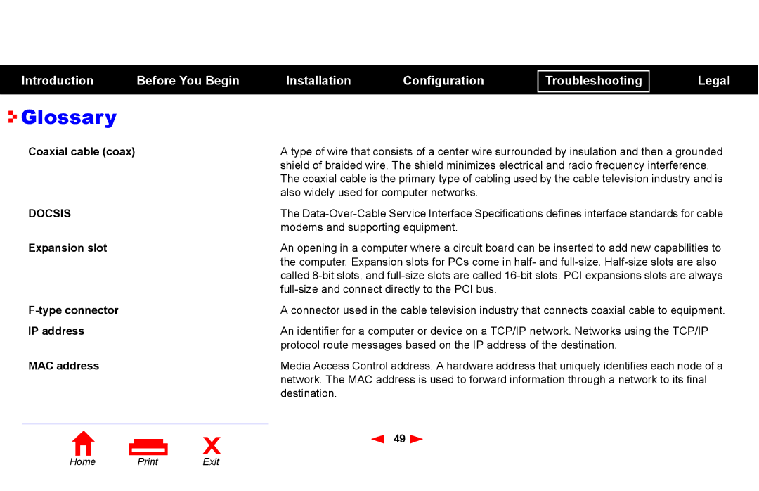 Motorola SB4101 manual Glossary, Coaxial cable coax, Expansion slot Type connector IP address MAC address 