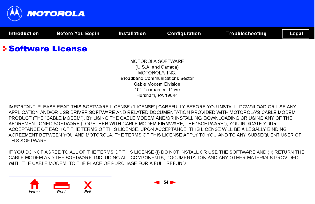 Motorola SB4101 manual Software License 