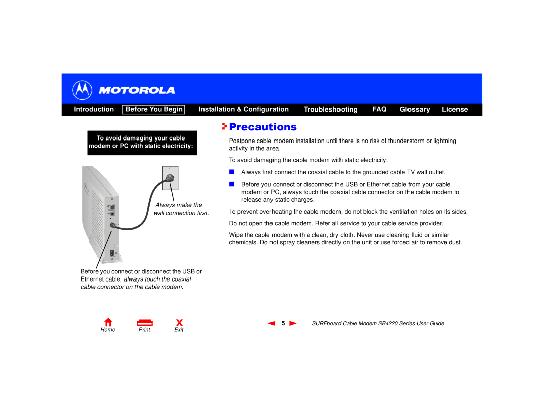 Motorola SB4220 manual Precautions, Always make the wall connection first 