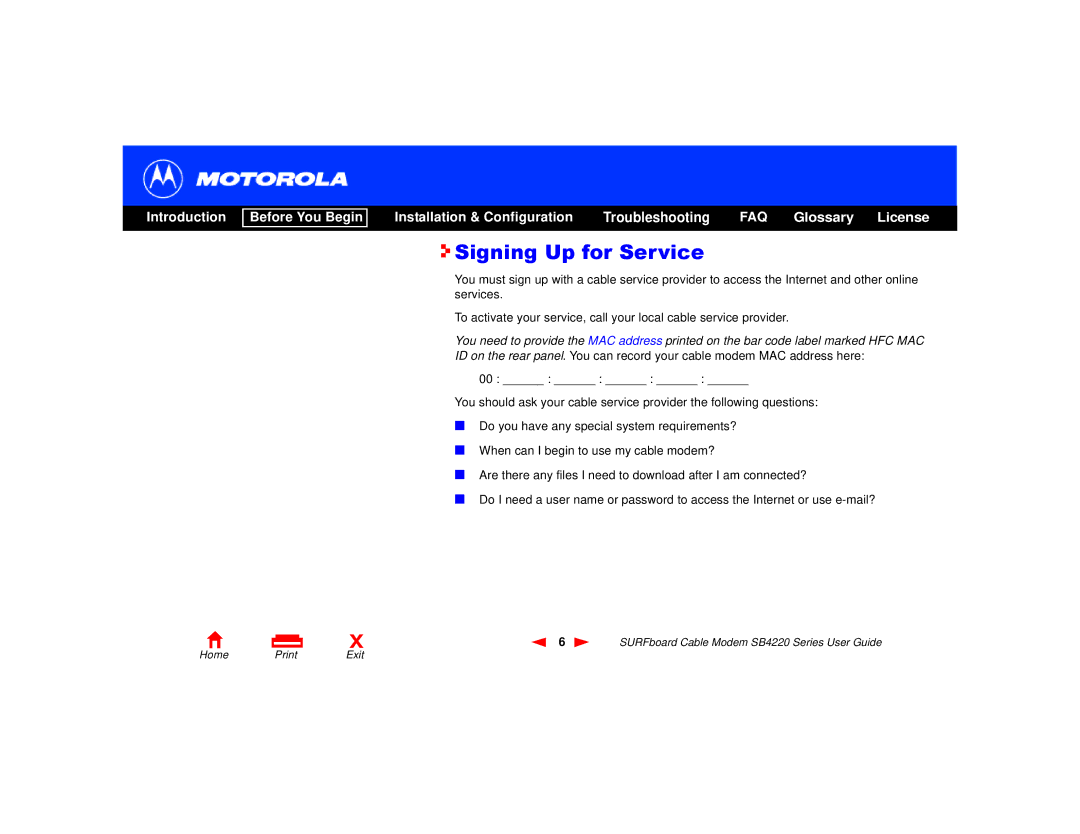 Motorola SB4220 manual Signing Up for Service 