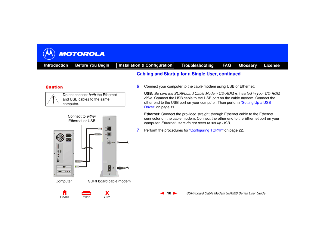 Motorola SB4220 manual Cabling and Startup for a Single User 