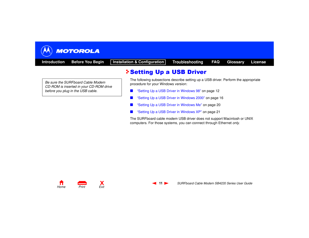 Motorola SB4220 manual Setting Up a USB Driver 