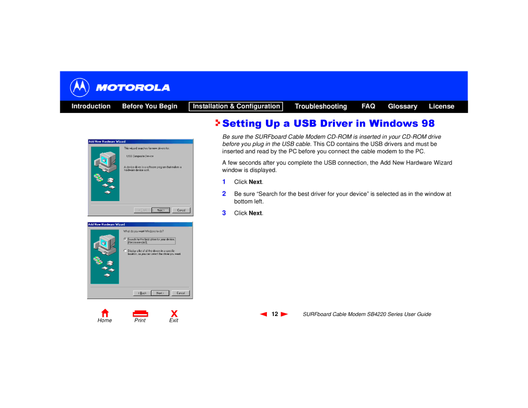 Motorola SB4220 manual Setting Up a USB Driver in Windows 