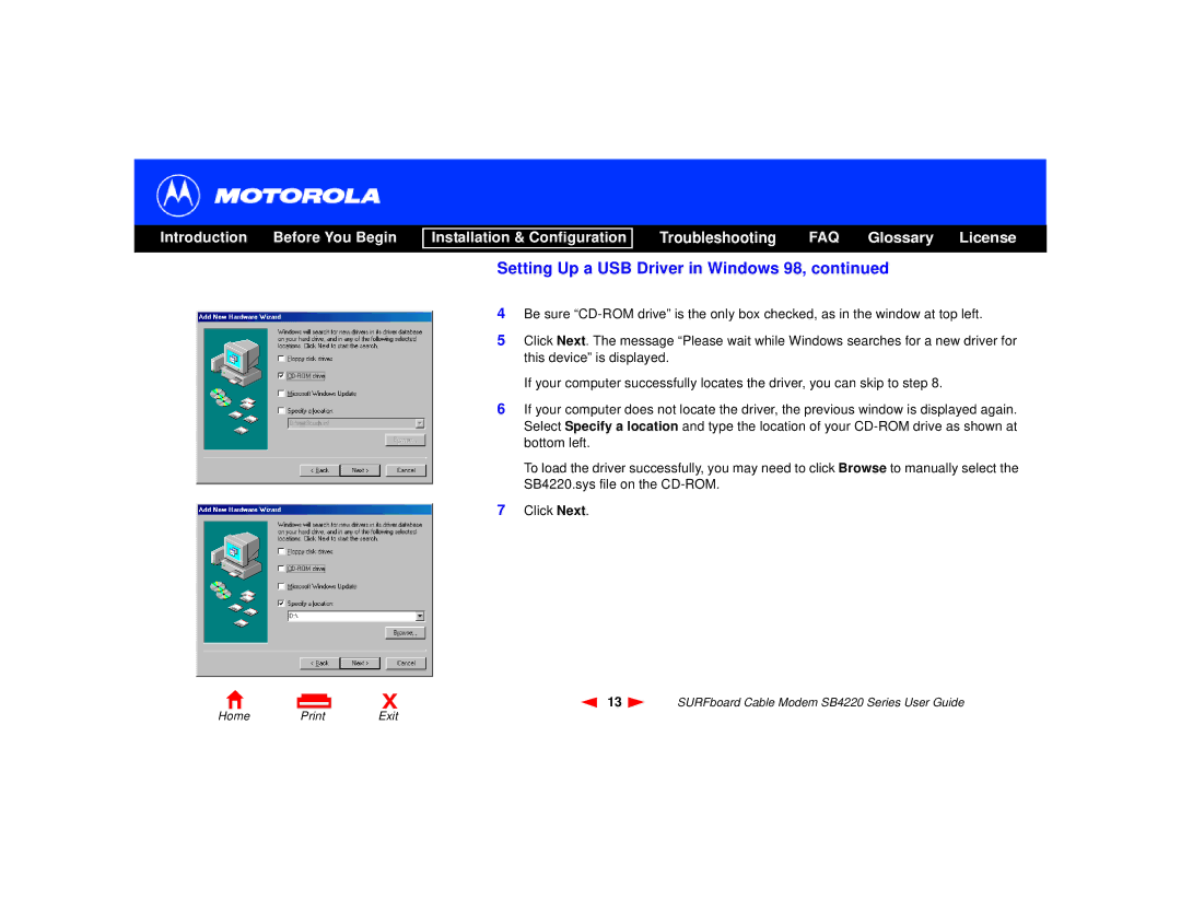 Motorola SB4220 manual Setting Up a USB Driver in Windows 