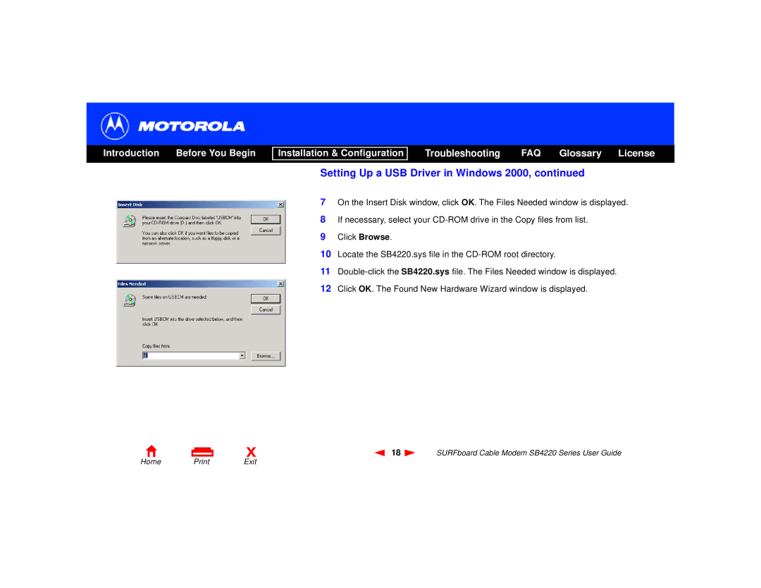 Motorola SB4220 manual Setting Up a USB Driver in Windows 