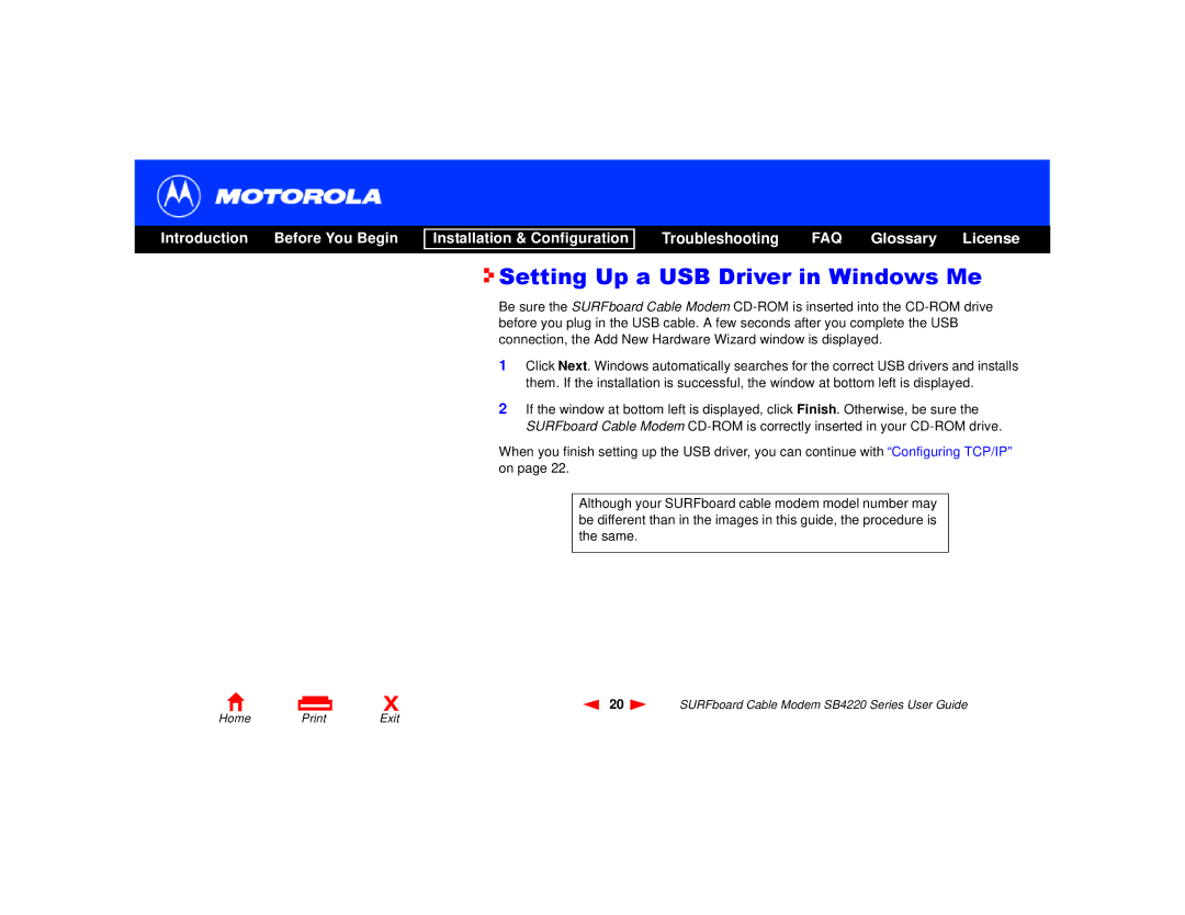 Motorola SB4220 manual Setting Up a USB Driver in Windows Me 