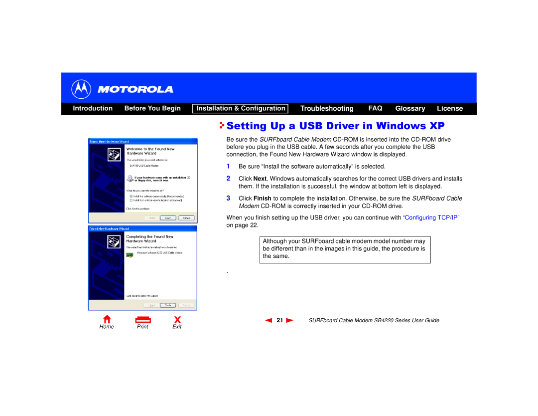 Motorola SB4220 manual Setting Up a USB Driver in Windows XP 