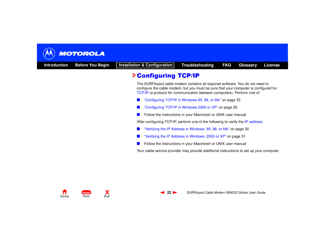 Motorola SB4220 manual Configuring TCP/IP 