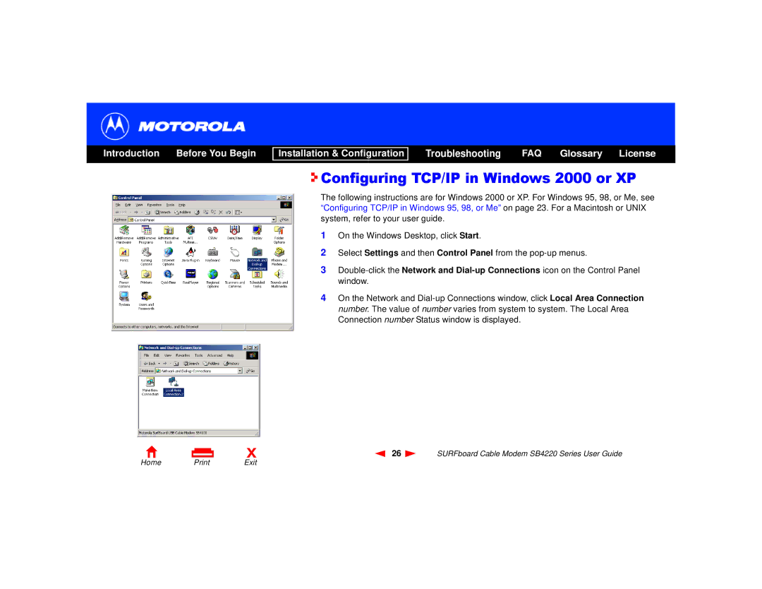 Motorola SB4220 manual Configuring TCP/IP in Windows 2000 or XP 