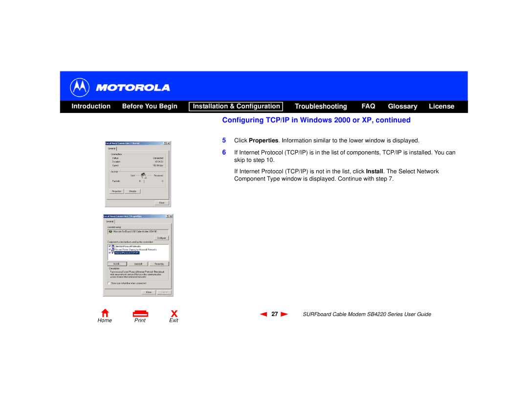 Motorola SB4220 manual Configuring TCP/IP in Windows 2000 or XP 