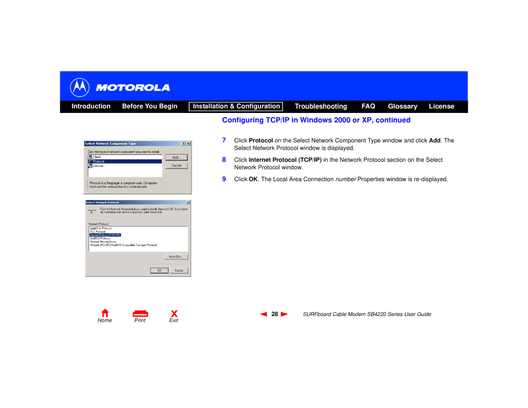 Motorola SB4220 manual Configuring TCP/IP in Windows 2000 or XP 