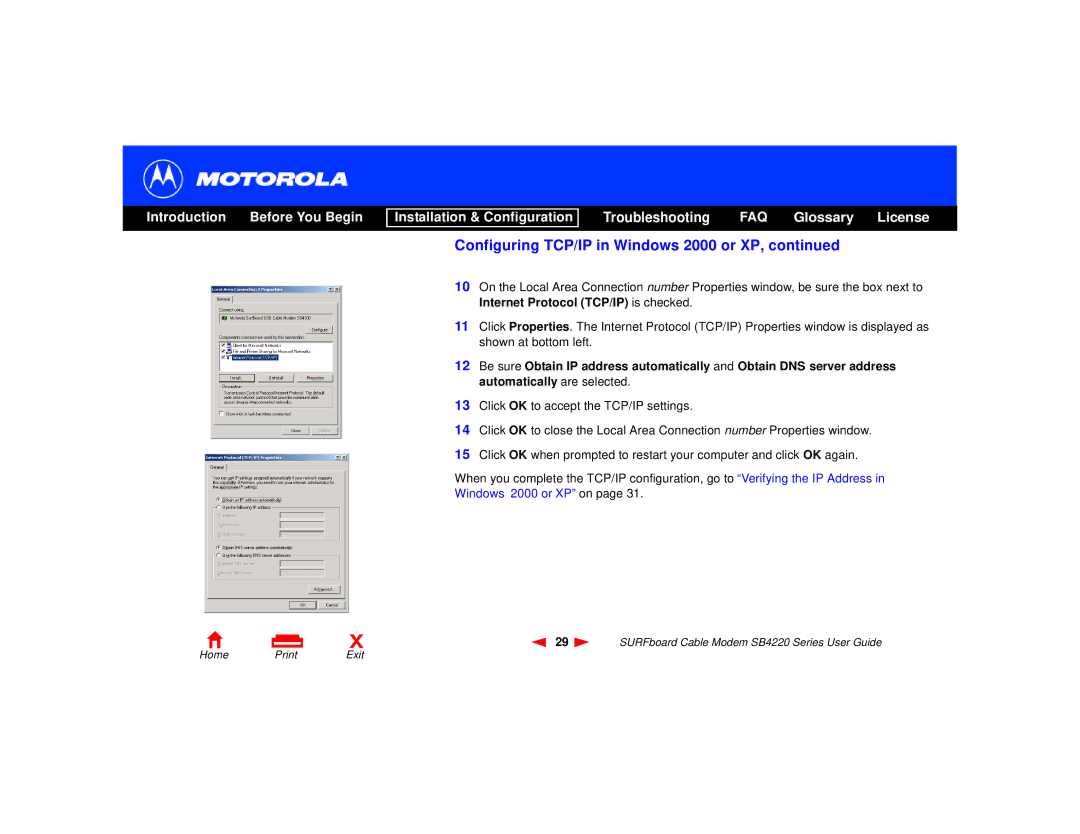 Motorola SB4220 manual Configuring TCP/IP in Windows 2000 or XP 