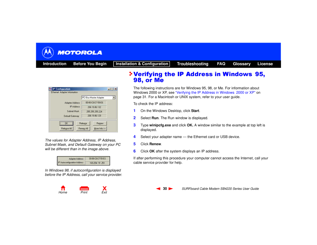 Motorola SB4220 manual Verifying the IP Address in Windows 95, 98, or Me 