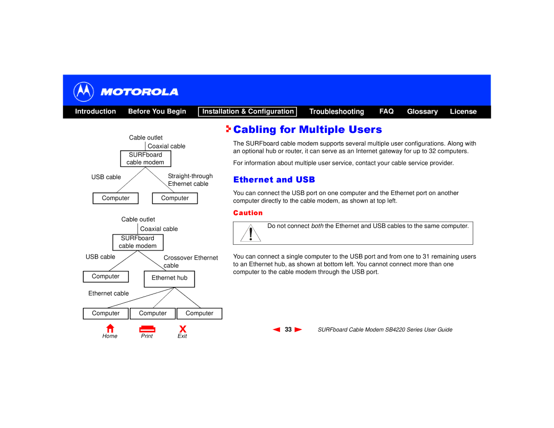 Motorola SB4220 manual Cabling for Multiple Users, Ethernet and USB 