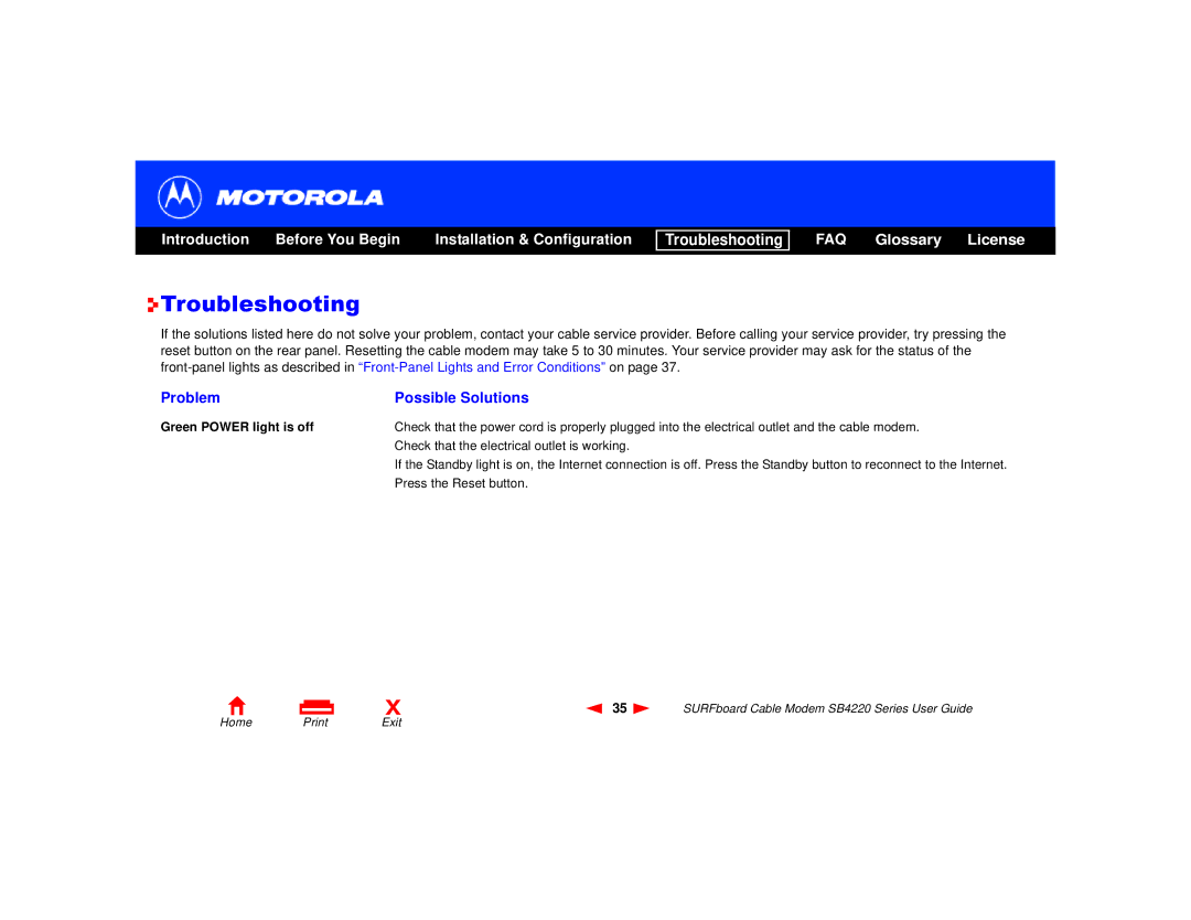 Motorola SB4220 manual Troubleshooting, Problem Possible Solutions 