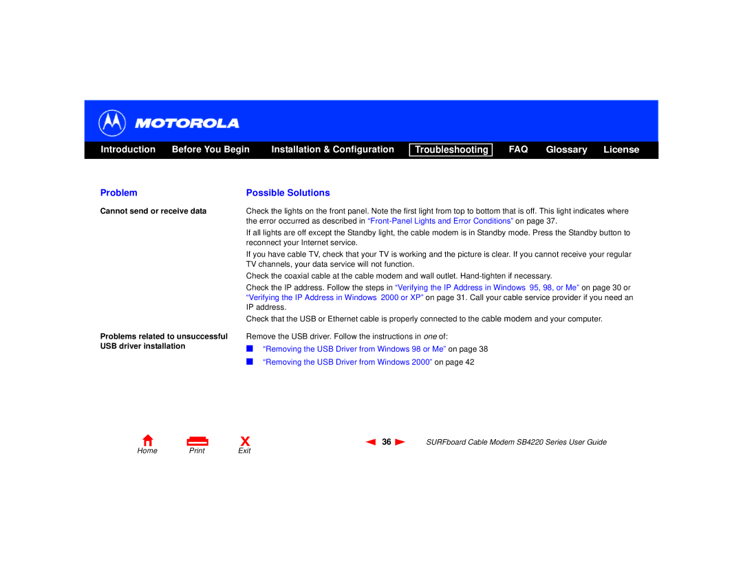 Motorola SB4220 manual Cannot send or receive data 