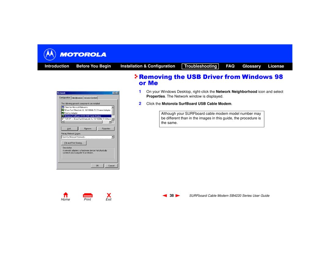 Motorola SB4220 manual Removing the USB Driver from Windows 98 or Me, Click the Motorola SurfBoard USB Cable Modem 