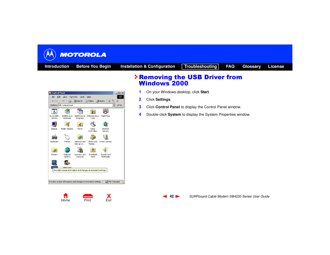 Motorola SB4220 manual Removing the USB Driver from Windows, Click Settings 